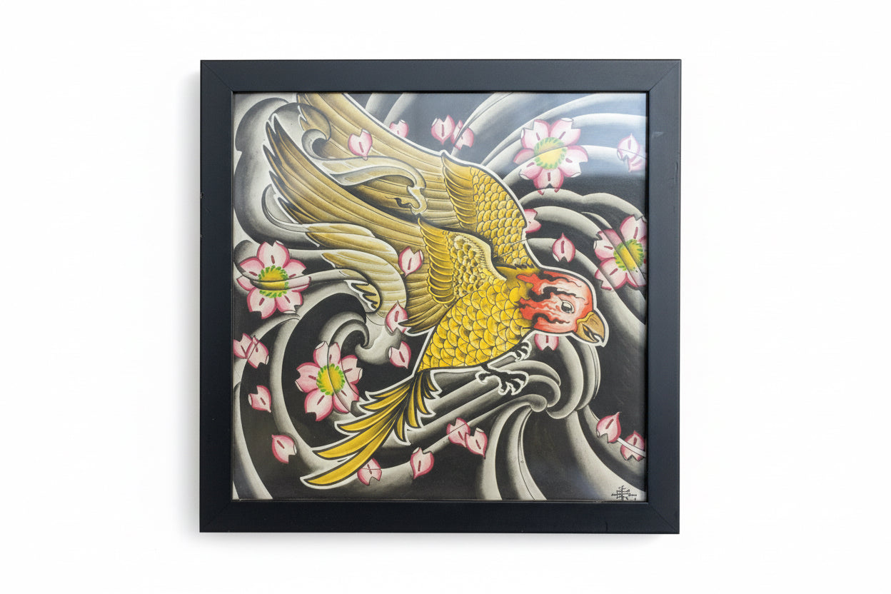 Original framed illustrative painting by Horus featuring a golden phoenix in flight with pink cherry blossoms and traditional Japanese-style grey wind bars.