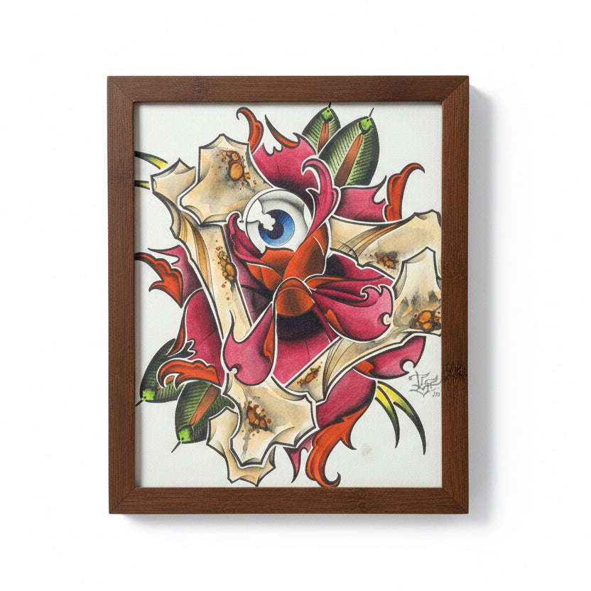 Original framed illustrative painting by Horus featuring a black and grey skull pierced by a dagger, accented with vibrant red roses and traditional Japanese-style background elements.